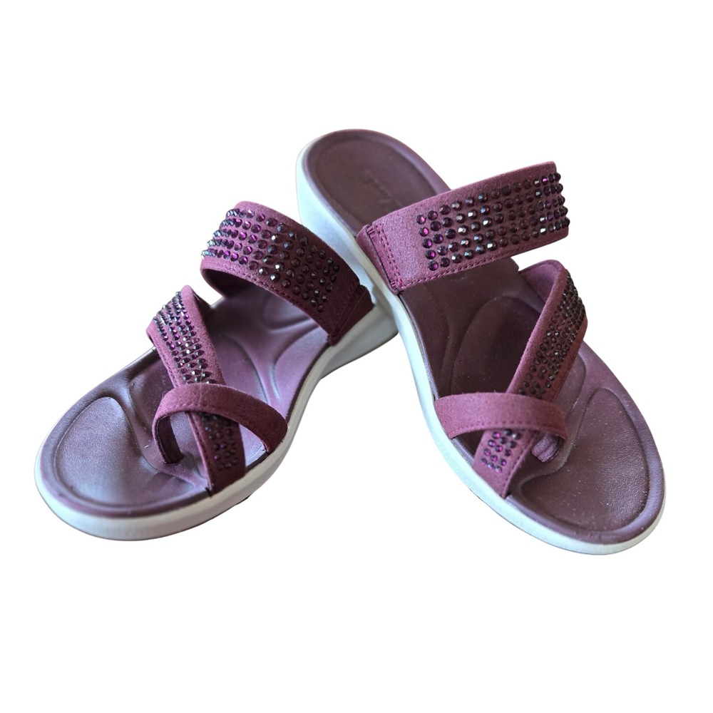 Clarks Cloudsteppers Arla Purple Rhinestone Toe Loop Wedge Sandals Womens 7.5M